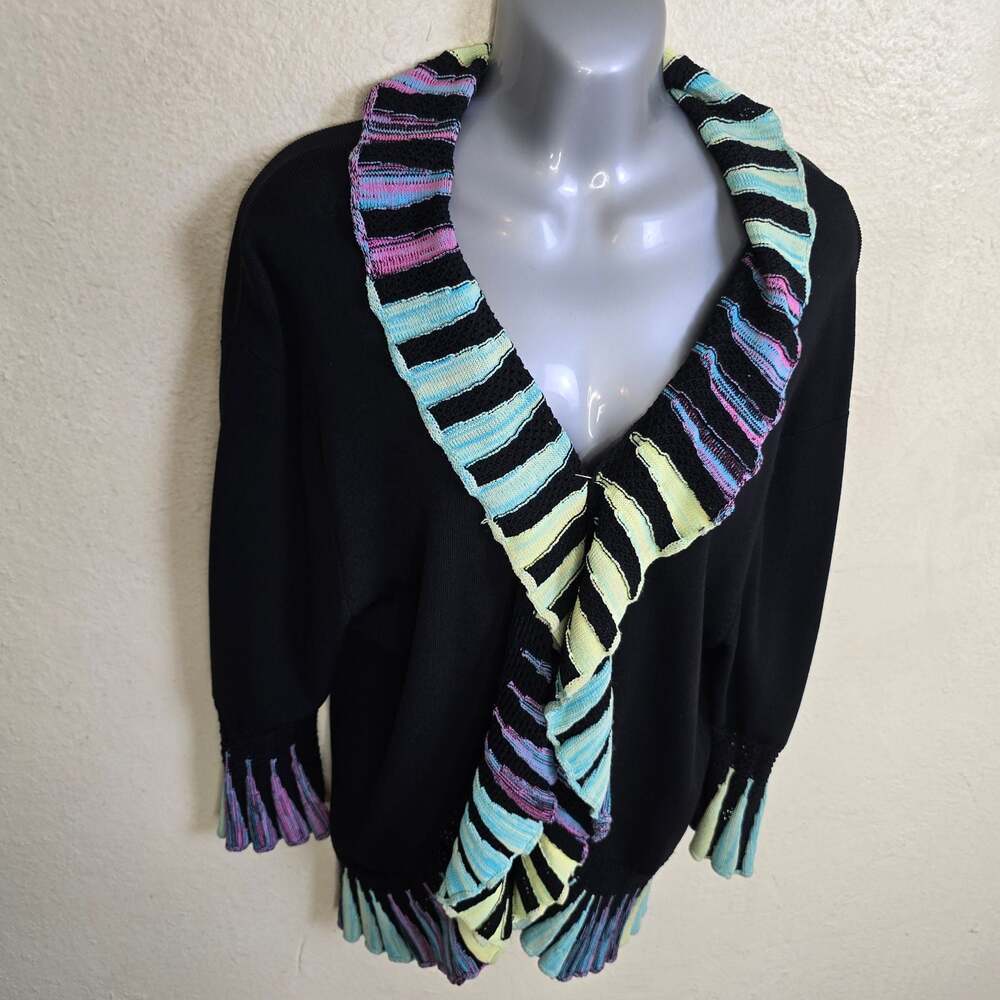 The Pyramid Collection Black Multi-Color Ruffle Open Front Cardigan XL - Picture 8 of 8